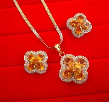 ZR43O Daphne Orange Shade Flower Zircon Studded Pendant Earrings Wedding Special