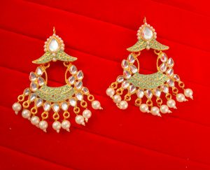 JH49G Daphne Traditional Wedding wear Green Shade Earrings With Pearl Drop