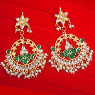 JH53 Daphne Wedding Wear Golden Plated Kundan Green Earring With Hanging Pearl Drop