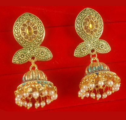 JH55G Daphne Wedding Wear Unique Leaf Shape Earring With Round Hanging Jhumki