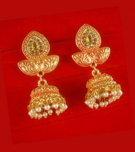 JH55OR Daphne Wedding Wear Unique Leaf Shape Earring With Round Hanging Jhumki
