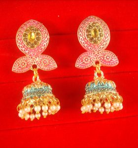 JH55PG Daphne Wedding Wear Unique Leaf Shape Earring With Round Hanging Jhumki