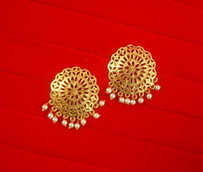 JH59 Daphne Golden Punjabi Style Round Earring With Small Hanging Pearl .