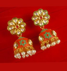 JH64BO Daphne Mint Matte Jaipuri Work Kundan Earring With Round Jhumki