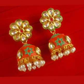 JH64BO Daphne Mint Matte Jaipuri Work Kundan Earring With Round Jhumki