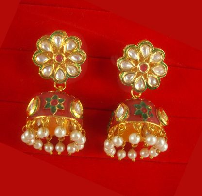 JH64M Daphne Mint Matte Jaipuri Work Kundan Earring With Round Jhumki