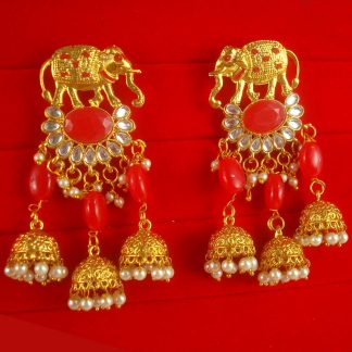 JH66R Daphne Red Stylish Elephant Pearl Jhumki Earrings for Woman and Girls