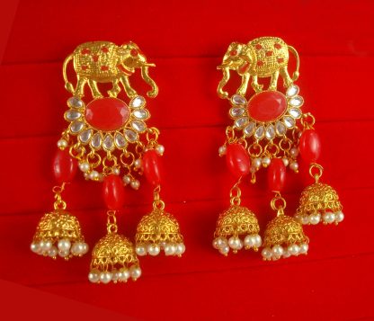 JH66R Daphne Red Stylish Elephant Pearl Jhumki Earrings for Woman and Girls