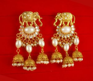 JH66W Daphne White Stylish Elephant Pearl Jhumki Earrings for Women and Girls 