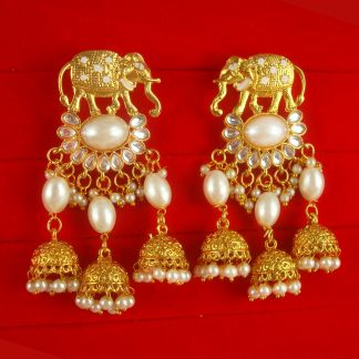 JH66W Daphne White Stylish Elephant Pearl Jhumki Earrings for Women and Girls