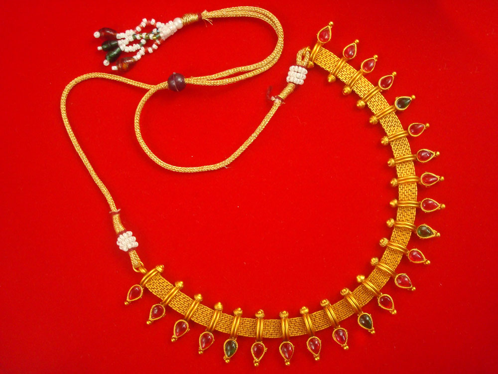 NH14 Daphne South Indian Golden Necklace With Red Green Hanging Leaf Stone