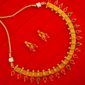 NH14 Daphne South Indian Golden Necklace With Red Green Hanging Leaf Stone