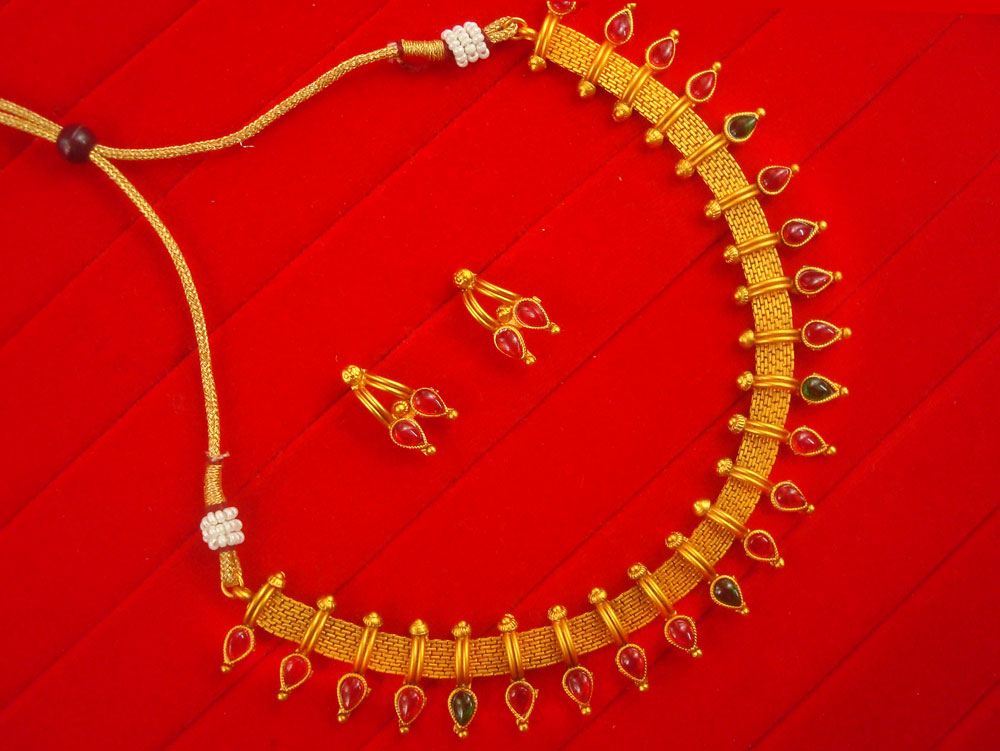 NH14 Daphne South Indian Golden Necklace With Red Green Hanging Leaf Stone