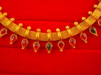 NH14 Daphne South Indian Golden Necklace With Red Green Hanging Leaf Stone