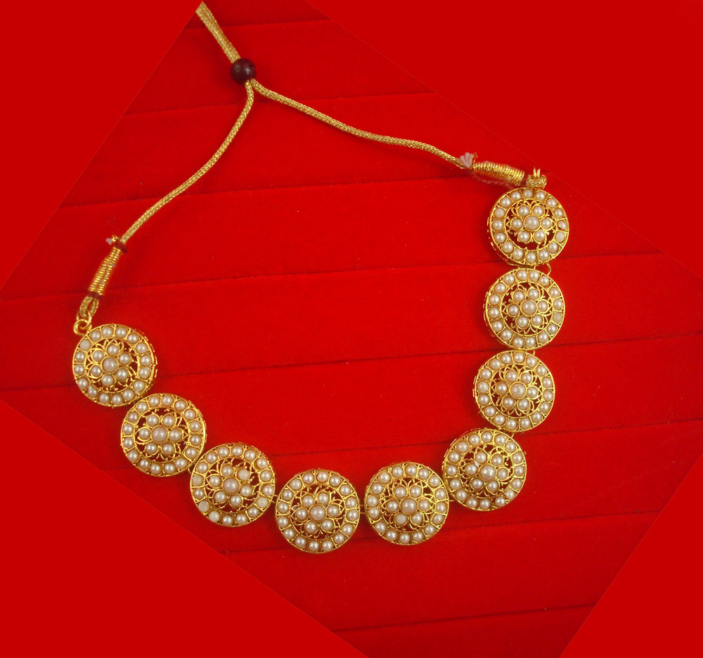 NH16 Daphne Punjabi Style Golden White Wedding Wear Round Necklace
