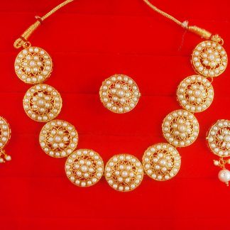 NH16 Daphne Punjabi Style Golden White Wedding Wear Round Necklace Earring With Ring