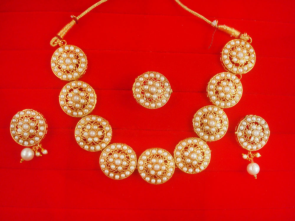 NH16 Daphne Punjabi Style Golden White Wedding Wear Round Necklace Earring With Ring