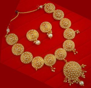 NH17W Daphne Golden White Wedding Wear Punjabi Style Round Pearl Necklace Set