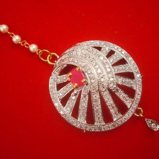 ZMG13 Daphne Round Pink Stone Designer Zircon Maang Tikka For Girls and Woman