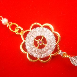 ZMG20 Daphne Flower Designer Zircon Maang Tikka With Pearl Chain For Girls