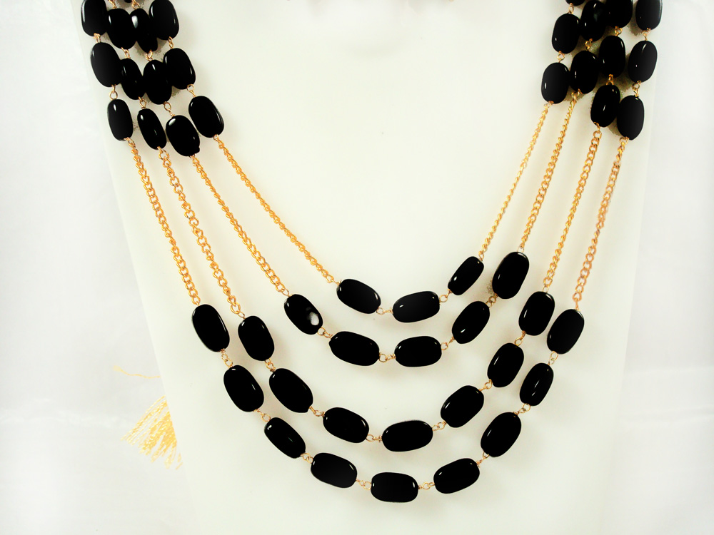 Party Wear Classy Golden Black Stone Multi Strand Necklace Set NH28