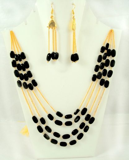 Classy Golden Black Stone Multi Strand Necklace Set NH28 Full View