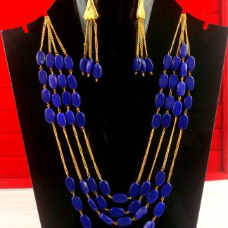 Party Wear Classy Golden Blue Stone Multi Strand Necklace Set NH26