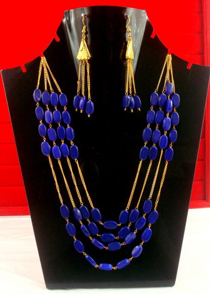 Party Wear Classy Golden Blue Stone Multi Strand Necklace Set NH26