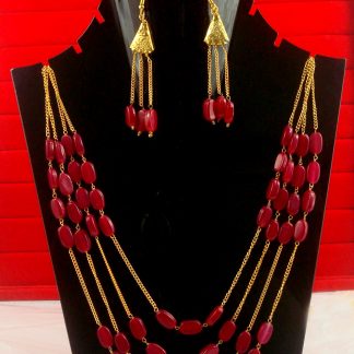 Party Wear Classy Golden Red Stone Multi Strand Necklace Set NH25