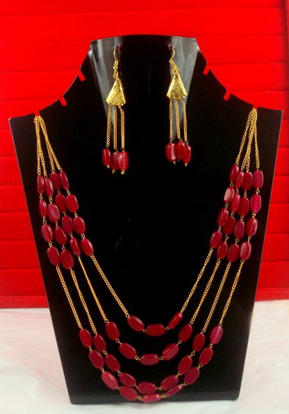Party Wear Classy Golden Red Stone Multi Strand Necklace Set NH25