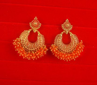 JH69O Daphne Orange Attractive Traditional Pearl Cluster wedding Wear Chandbali Earrings