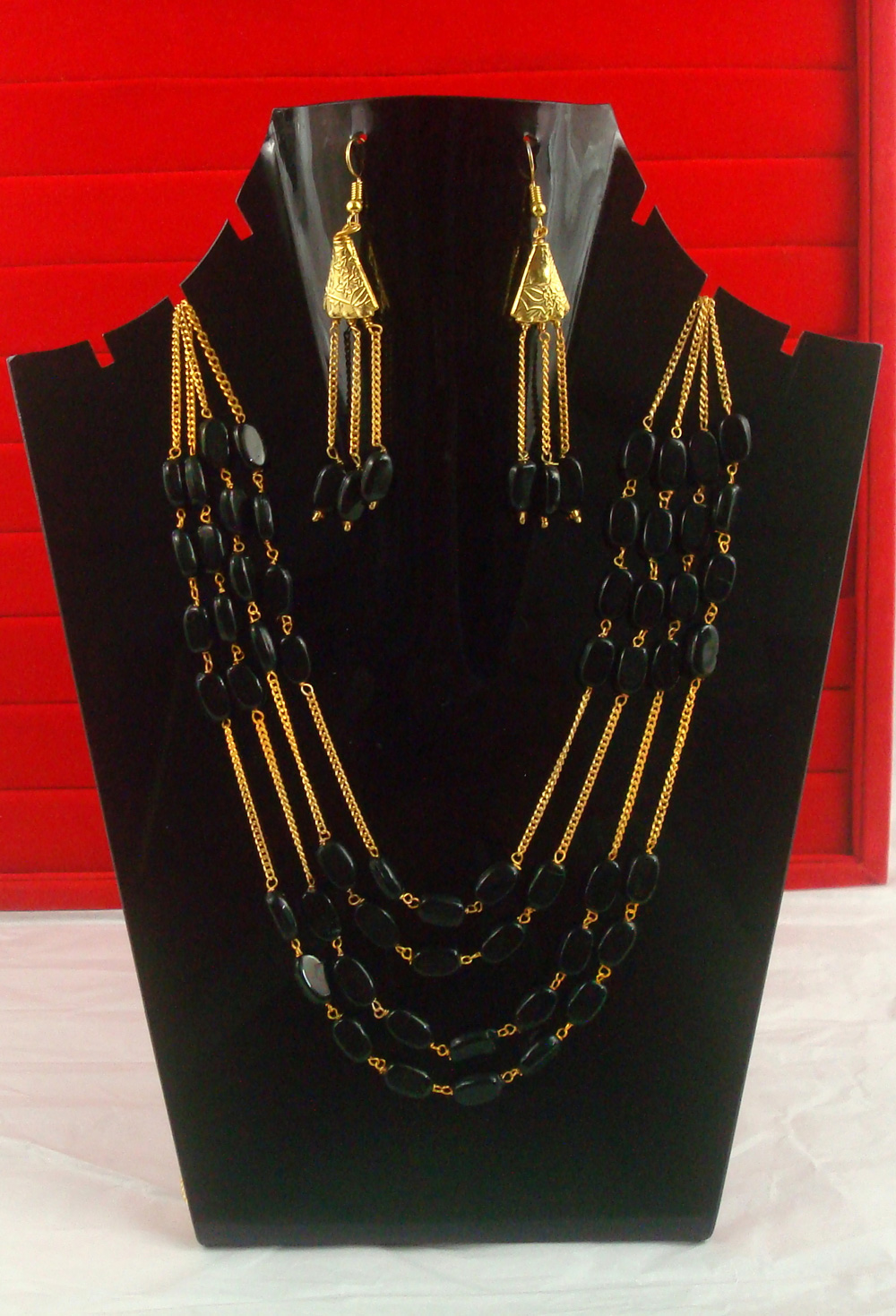 Party Wear Classy Golden Black Stone Multi Strand Necklace Set NH28