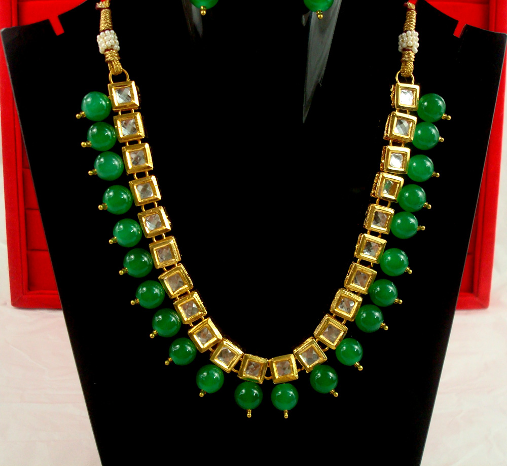 Party Wear Classy Kundan Necklace With Hanging Royal Green Onyx NH23`