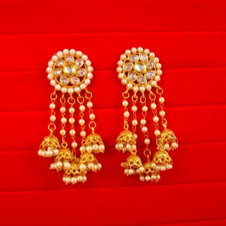 Party Wear Round Kundan Golden Pearl Hanging Earring Gift For Her JH75