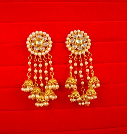 Party Wear Round Kundan Golden Pearl Hanging Earring Gift For Her JH75