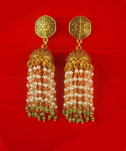 Bollywood Mughal Style Golden Oxidised Jhumki With Pearl Hanging JH77