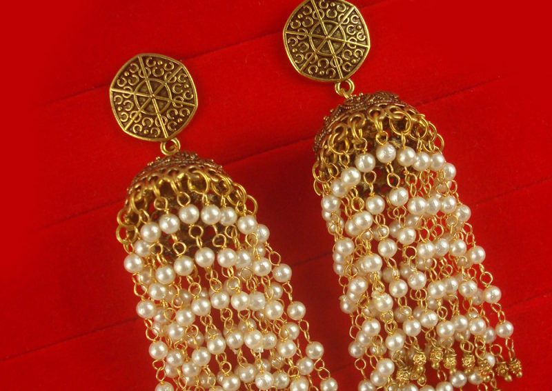 Bollywood Royal Look Golden Oxidized Jhumki With Pearl Hanging JH78