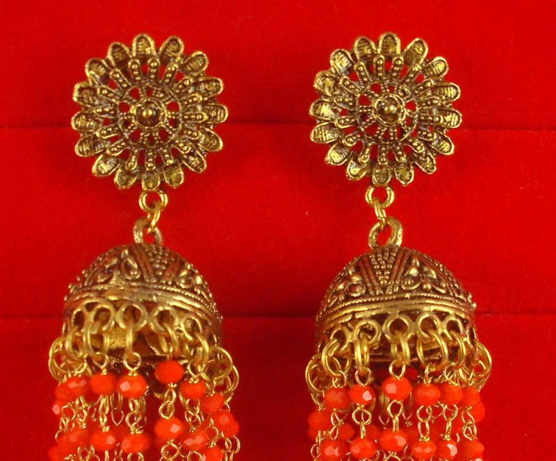 Bollywood Royal Look Golden Oxidized Orange Beads Hanging Earring JH80