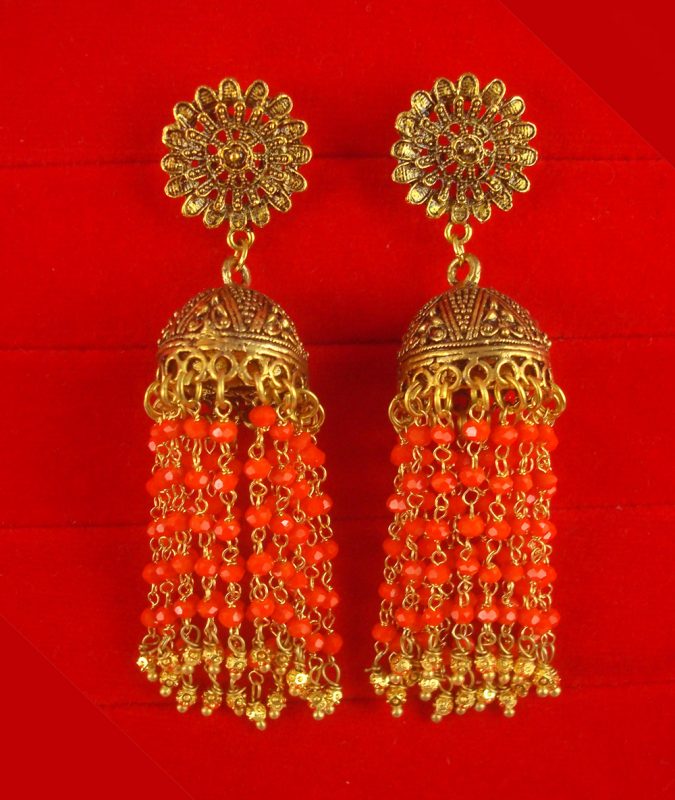 Bollywood Royal Look Golden Oxidized Orange Beads Hanging Earring JH80