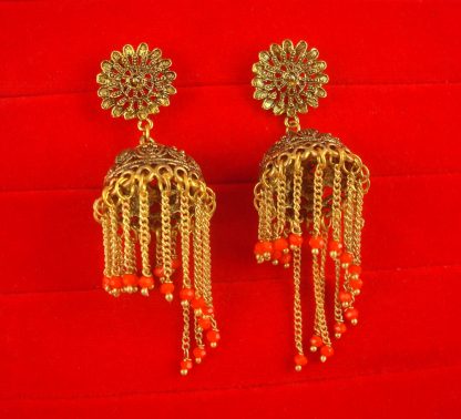 Bollywood Royal Look Golden Oxidized Orange Beads Tassel Chain Earring JH81