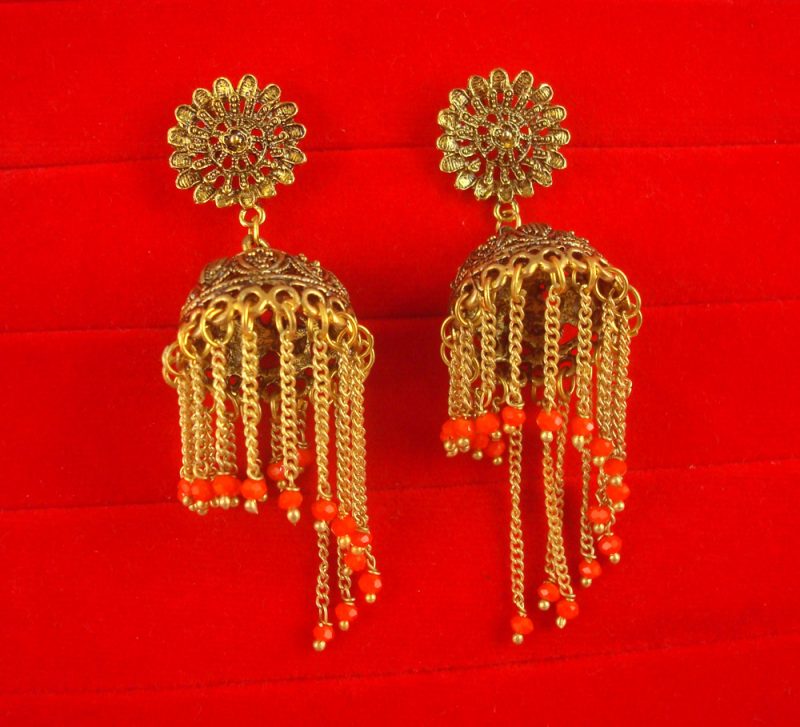 Bollywood Royal Look Golden Oxidized Orange Beads Tassel Chain Earring JH81