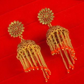 Bollywood Royal Look Golden Oxidized Orange Beads Tassel Chain Earring JH81