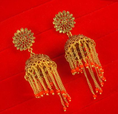 Bollywood Royal Look Golden Oxidized Orange Beads Tassel Chain Earring JH81