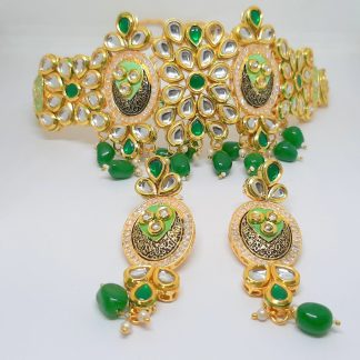 Bollywood Style Hanging Onyx Green Choker Necklace For Bridals NH36