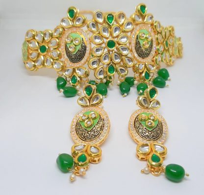 Bollywood Style Hanging Onyx Green Choker Necklace For Bridals NH36