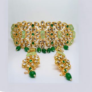 Bollywood Style Maroon Choker Green Necklace For Bridals NH42