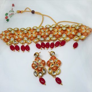 Bollywood Style Maroon Choker Green Necklace For Bridals NH45