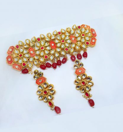 Bollywood Style Maroon Golden Choker Necklace For Bridals NH43