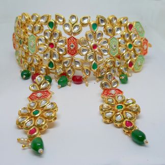 Bollywood Style Green Choker Maroon Green Necklace For Bridals NH41