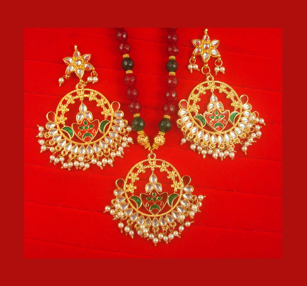 Bollywood Style Maroon Green Onyx Pendant Necklace Earring Set NH48